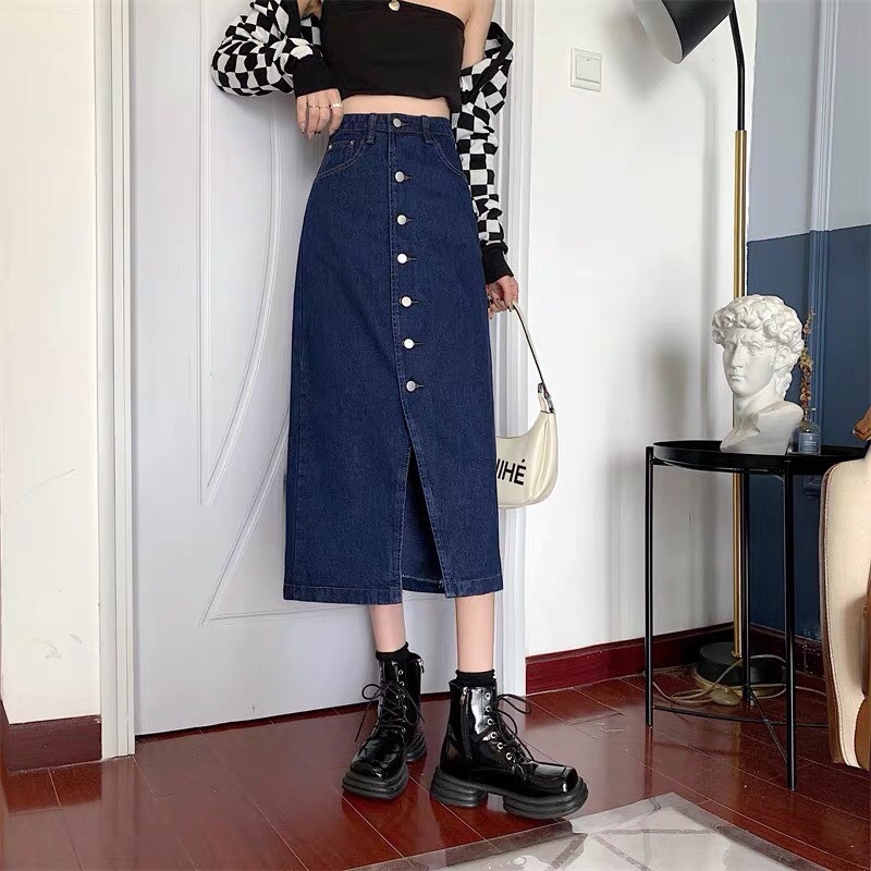 Váy dài qua gối cạp cao váy dài xẻ trước phong cách ulzzang_A8