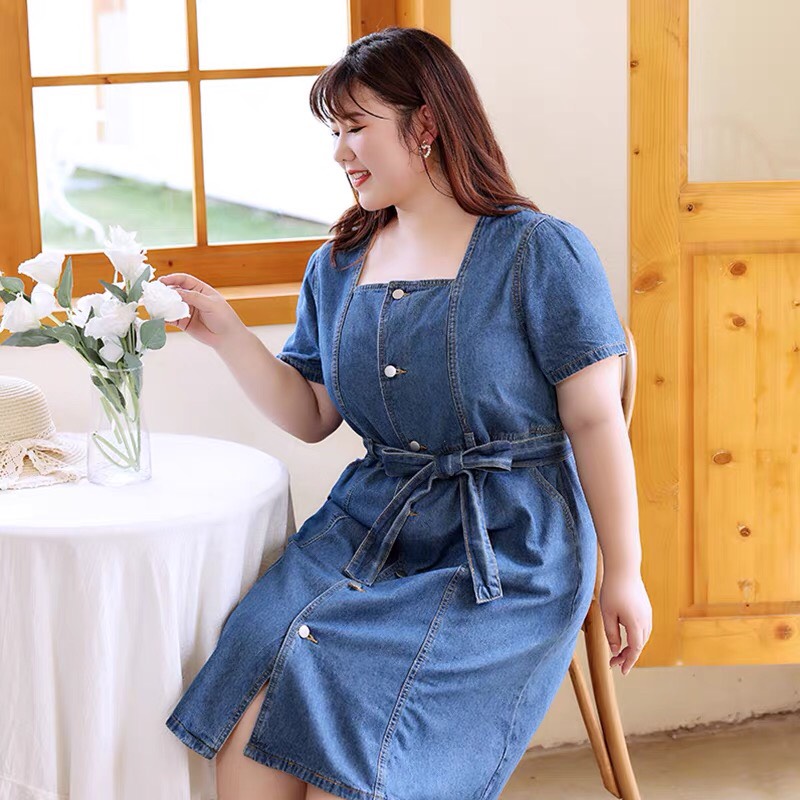 đầm jean denim thắt eo bigsize cao cấp - G18523