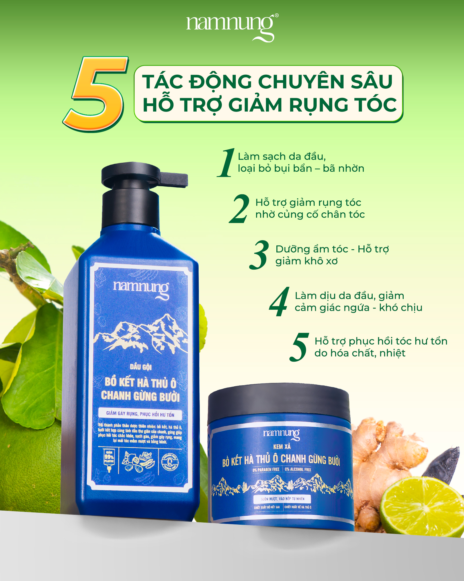 COMBO Dầu Gội+dầu xả NAMNUNG Thảo Dược Bồ Kết Giảm Gàu Ngứa Giảm Rụng Dưỡng Tóc Mềm Mượt 500Ml