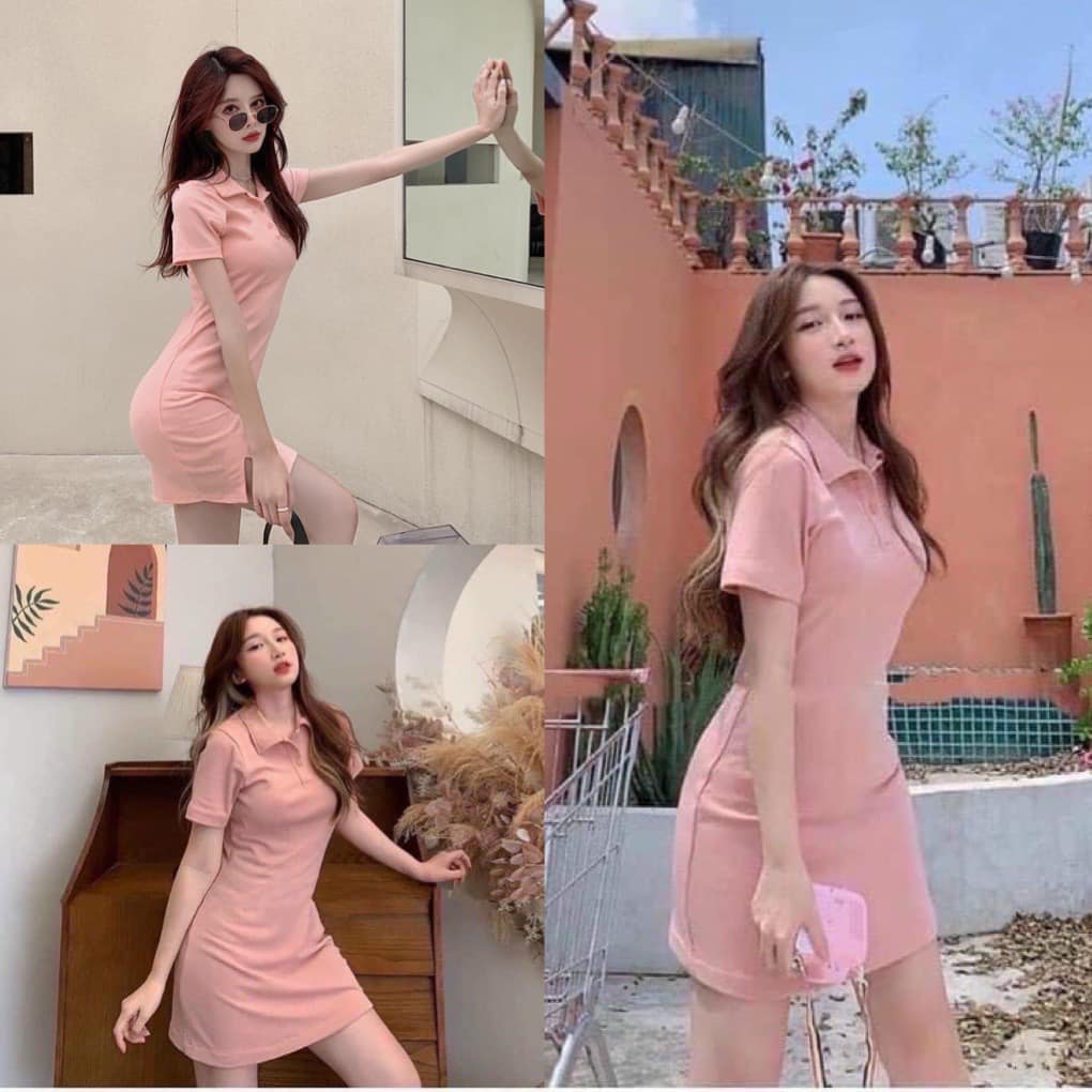 Đầm polo trơn, đầm ôm body cổ đức màu hồng, đầm polo ôm body thời trang hàn quốc, AMELIA, Váy ôm body, váy polo, đầm ulzzang, đầm ôm sexy, đầm ôm ngắn tay, đầm nữ, đầm nữ dễ thương, đầm nữ dự tiệc