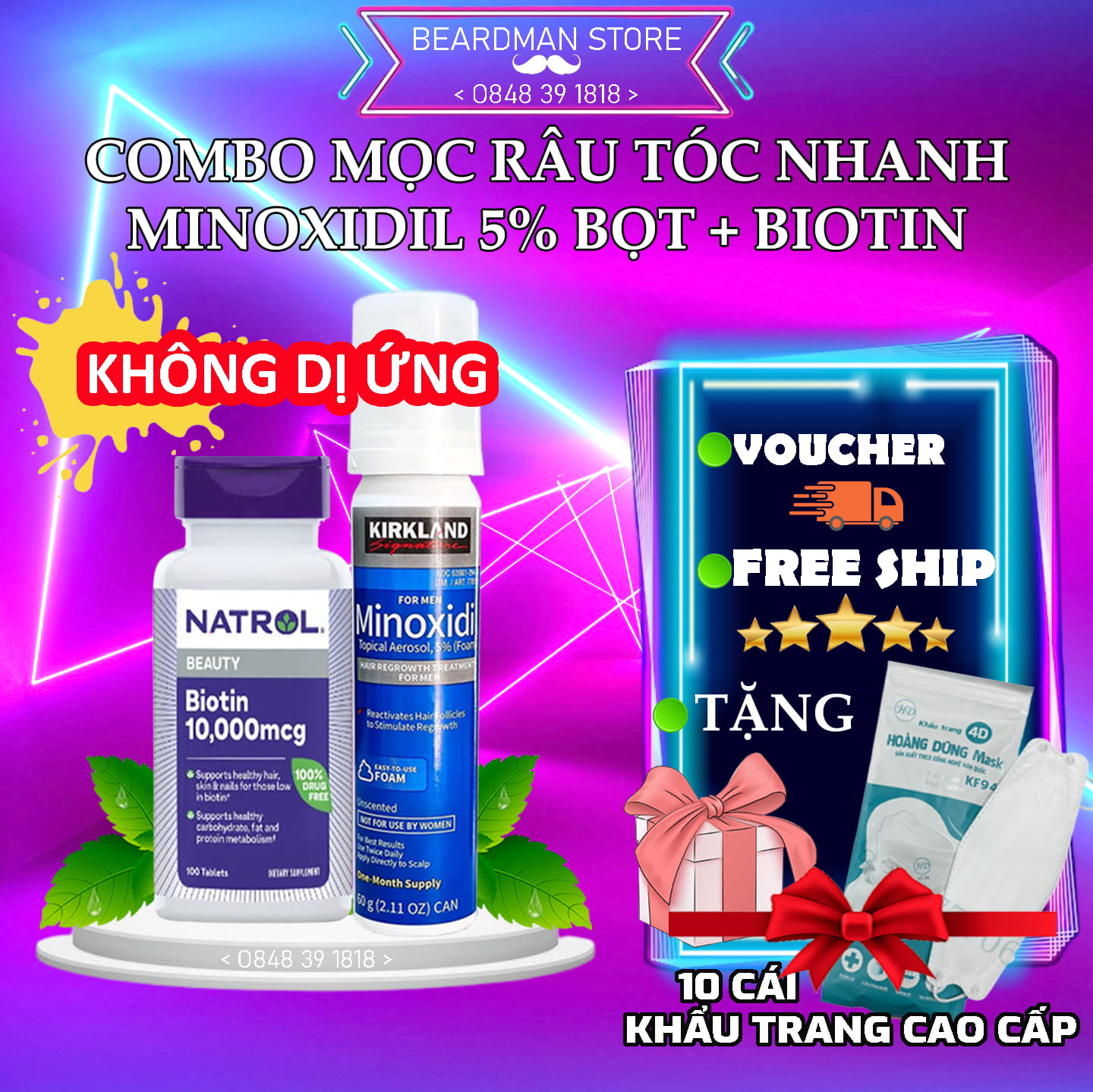 [HCM]Minoxidil 5% Bọt Mọc Râu Nhanh + Biotin 10000mcg