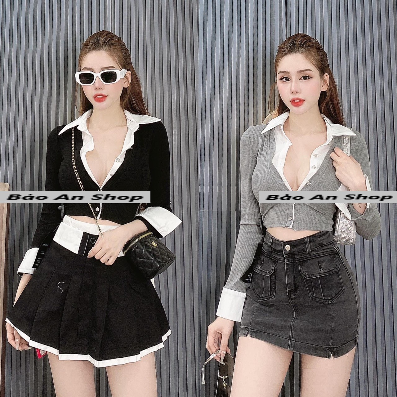 Áo thun tay dài phối màu cổ bẻ