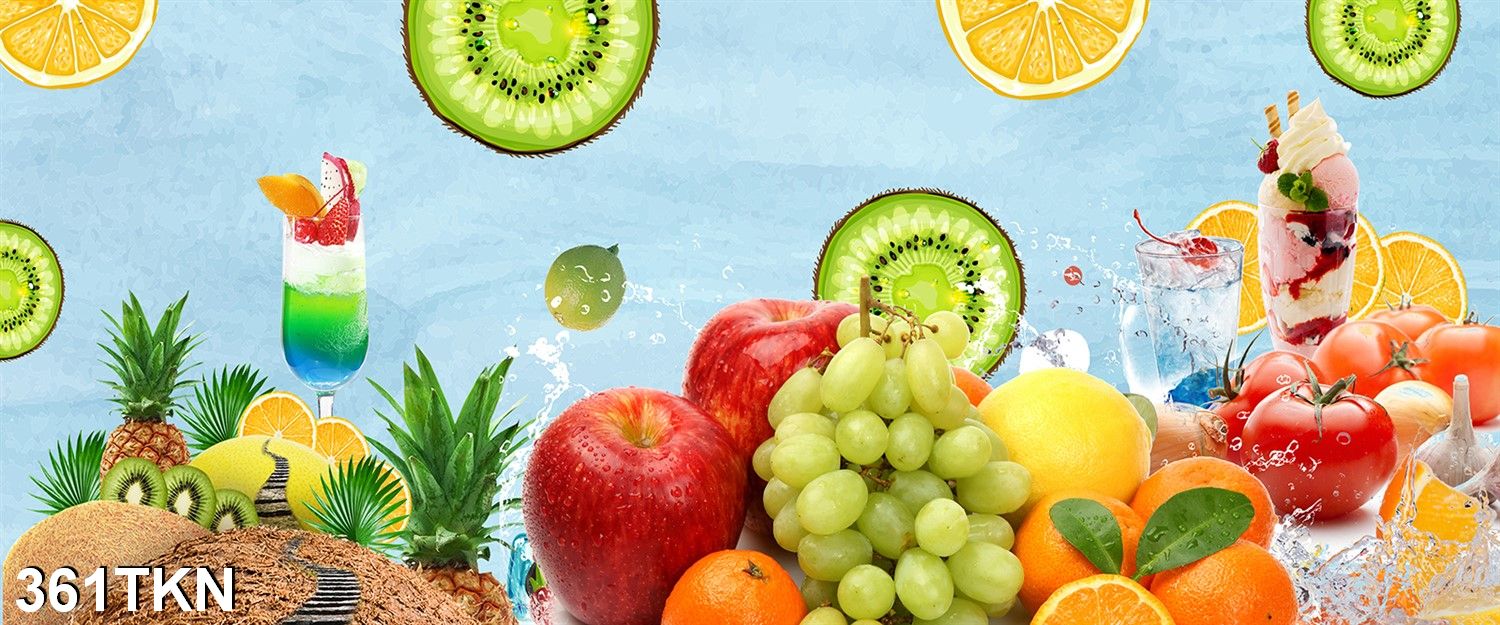 TRANH DÁN TƯỜNG 3D RAU, CỦ, QUẢ PHÒNG BẾP 361TKN - TRANH DÁN TƯỜNG PHÒNG ĂN KHỔ NGANG