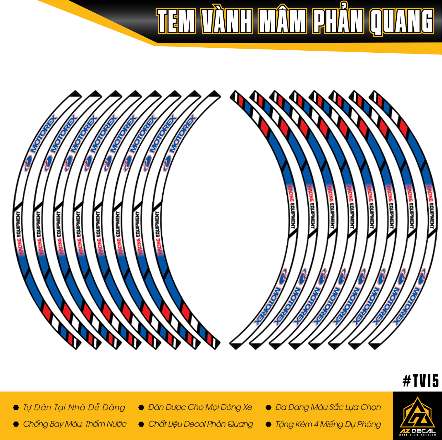 Tem Vành MOTOREX | TV15 | Decal Dán Mâm Xe Máy, Xe Điện, Xe Thể Thao Chất Liệu Phản Quang & PVC Chống Thấm Nước, Bền Màu | Azdecal