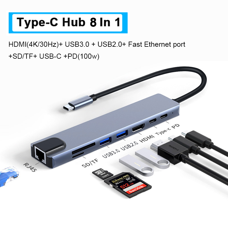 HUB Type C Tốc Độ Cao, Cổng chuyển đổi HUB USB Type-C Đa Năng to HDMI,USB 3.0,SD,TF,RJ45,PD Cho Laptop,Truyền Dữ Liệu Siêu Tốc