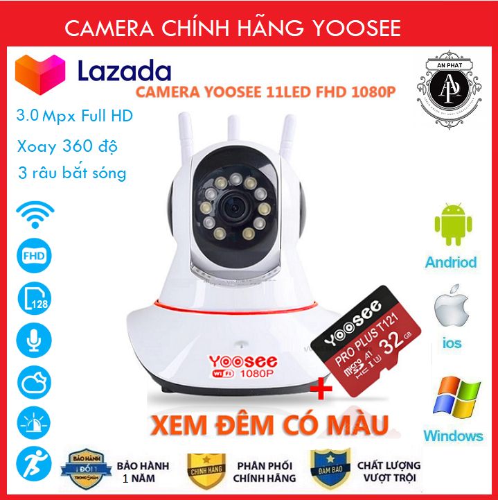 Camera IP YooSee WIFI Xoay 360 Độ, Ban Đêm Có Màu Quan Sát Rõ Ngày Và Đêm FULL HD 1080p 3.0mpx Báo Động Chống Trộm  - Chính Hãng camera