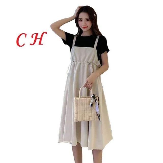 [HCM]Combo Yếm Váy Trơn 2 Dây Chun Eo Và Áo Thun Đen Ulzzang