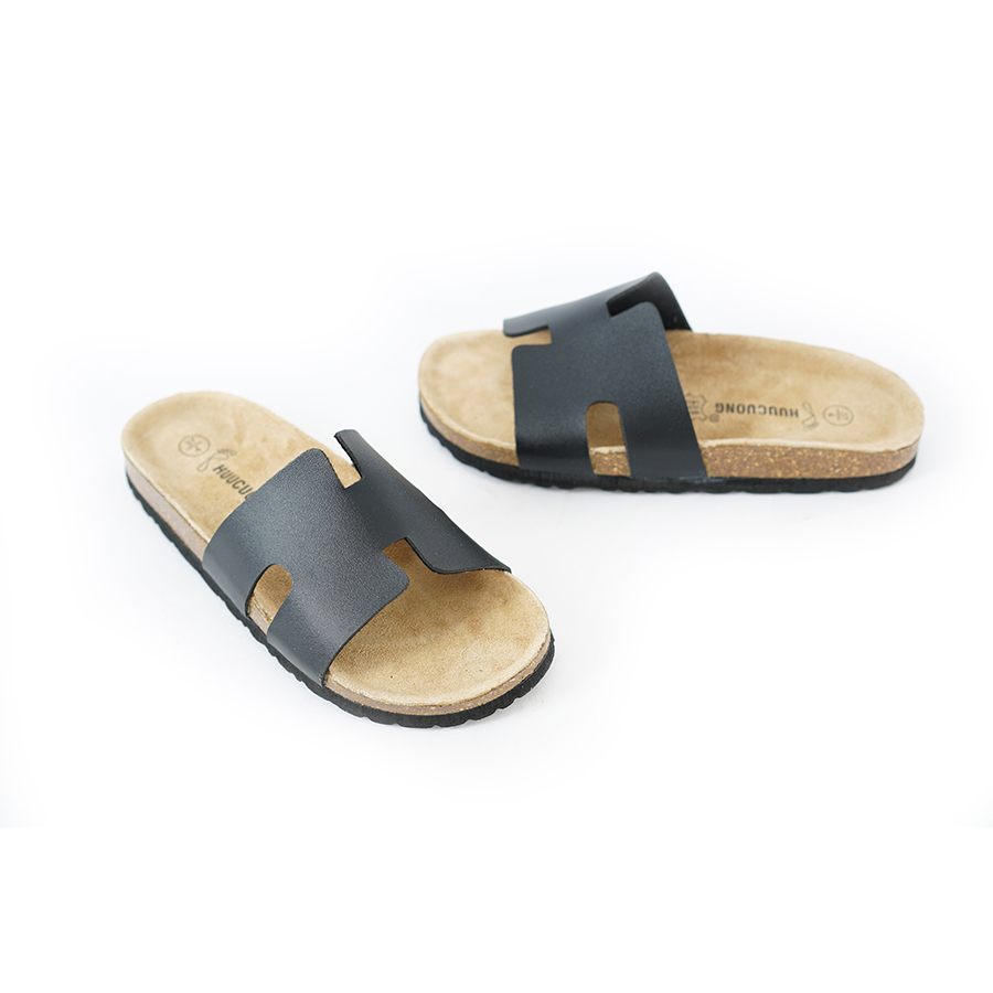 Dép đế trấu unisex kiểu  H da pu đen