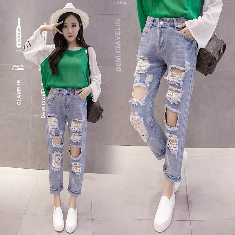 [TẶNG ÁO THUN] QUẦN BAGGY JEANS RÁCH GỐI LƯNG CAO HOẠ TIẾT DÂY VẮT CHÉO MÀU XANH NHẠT