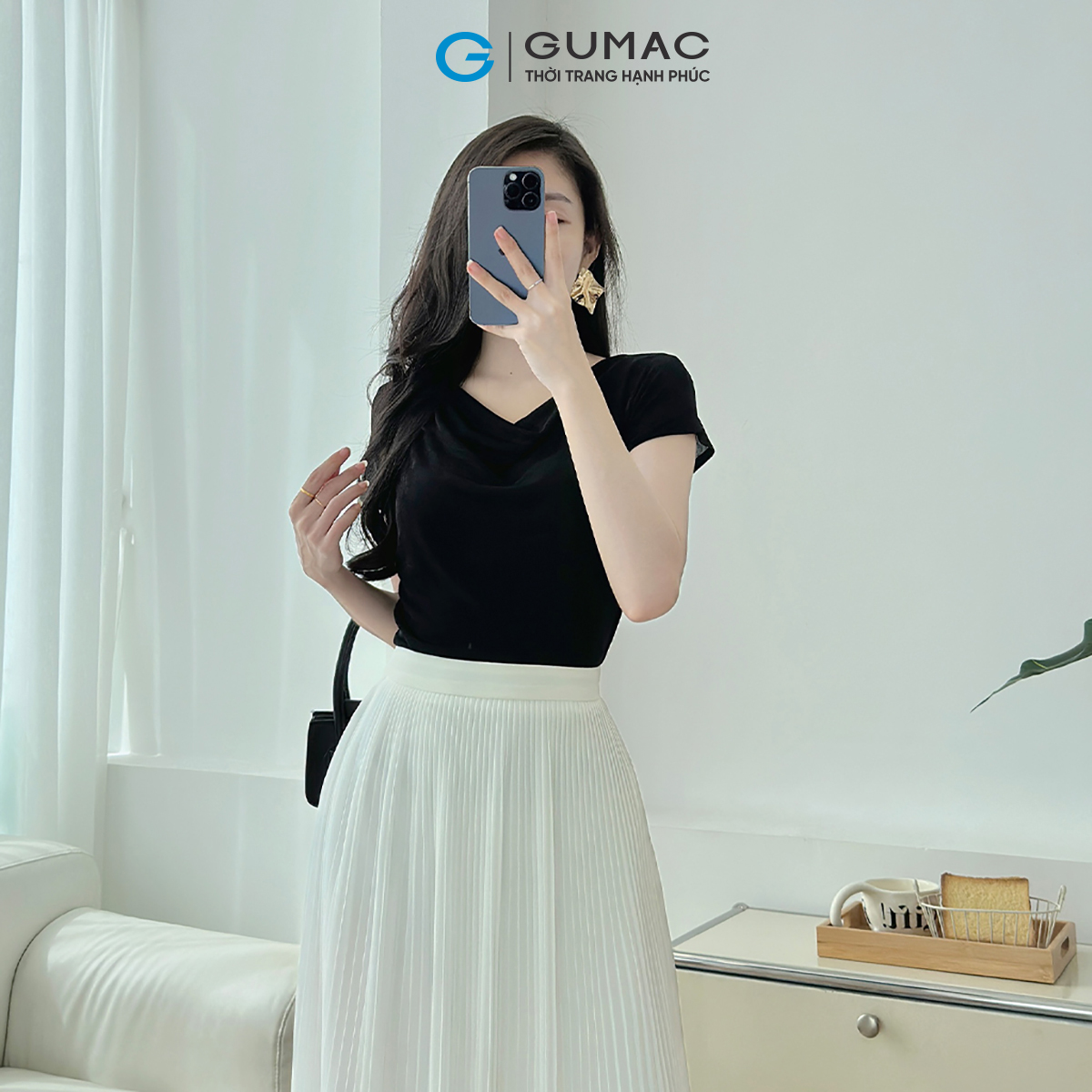 [MUA 2 CHỈ 199K/Áo] Áo Thun Cổ Đổ GUMAC Áo Thun Kiểu Sang Trọng Áo Đi Tiệc Vải Thun Ánh Nhung Co Giãn Tôn Dáng ATE01031