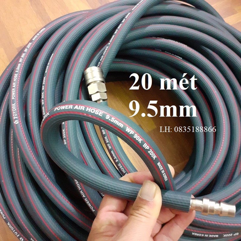 20 mét dây hơi khí nén cao su 3 lớp siêu bền áp lực cao 9.5 mm toyork - hàn quốc kèm bộ khớp nối nhanh nhật và 2 đai siết inox