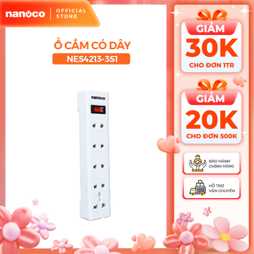 Ổ cắm có dây Nanoco model NES4213-3S1 (1 ổ đa năng, 4 ổ 2 chấu, 1 công tắc, dây điện 3m)