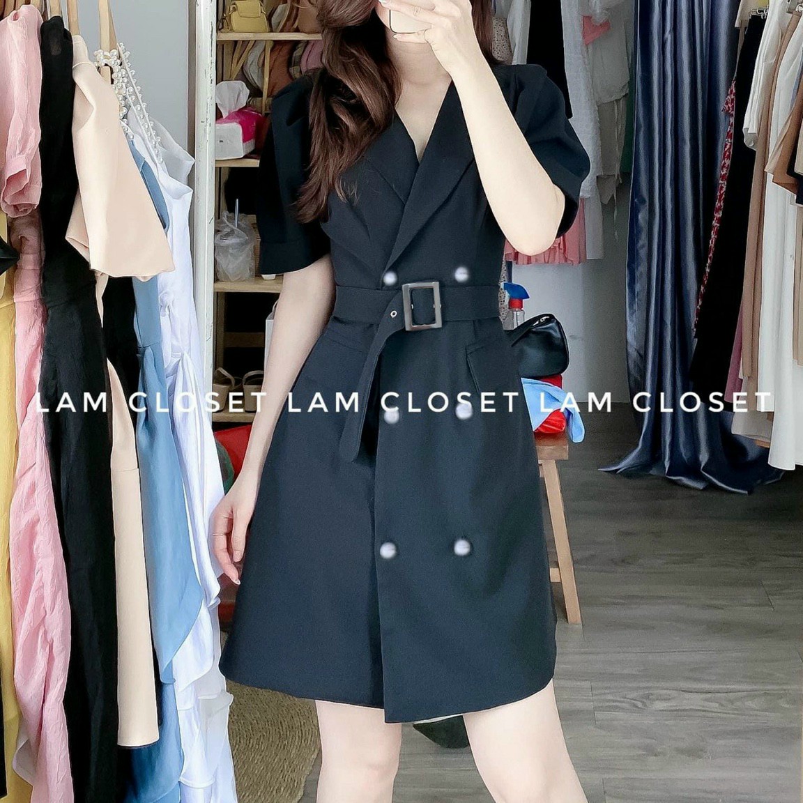 [HCM]Đầm nữ dạng cổ vest đính nút kèm khoen