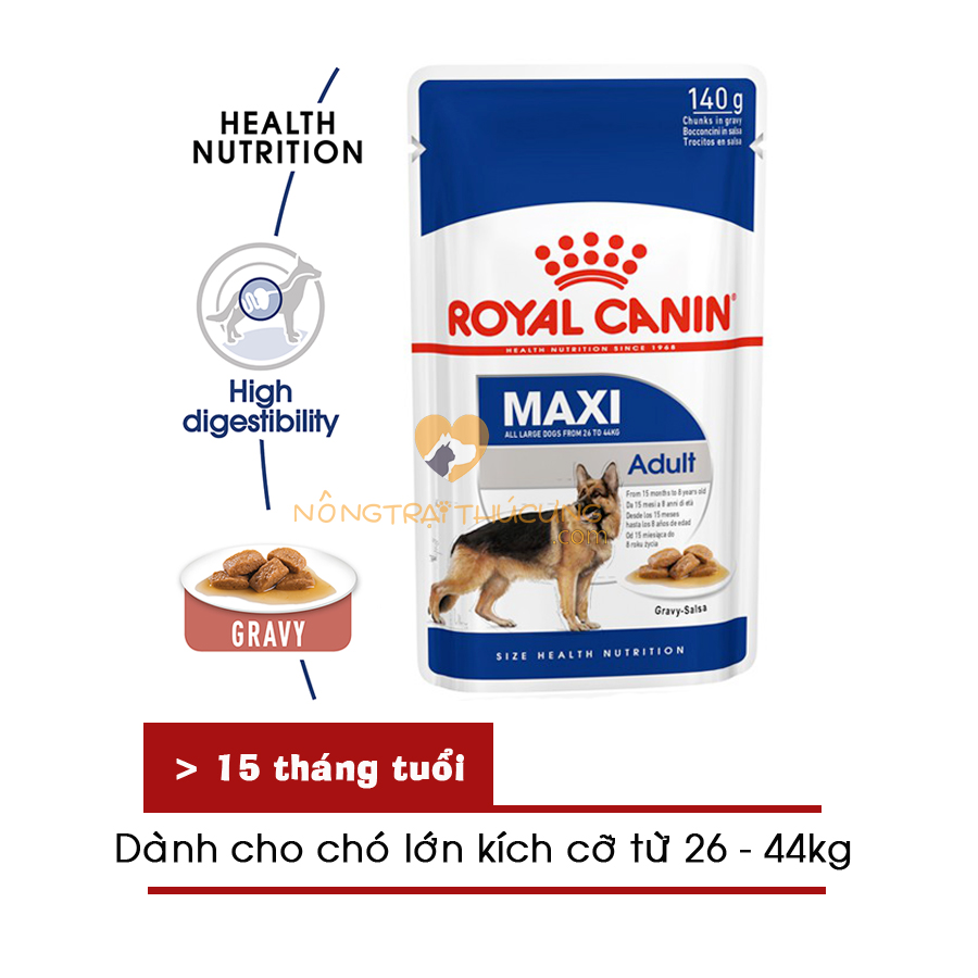 [Hộp 10 gói] Pate cho chó ROYAL CANIN MAXI ADULT 140g cho giống chó lớn - Thức ăn cho chó Becgie Đức, Husky, Alaska, Rottweiler, Golden Retriever, Labrador, ...- [Nông Trại Thú Cưng]