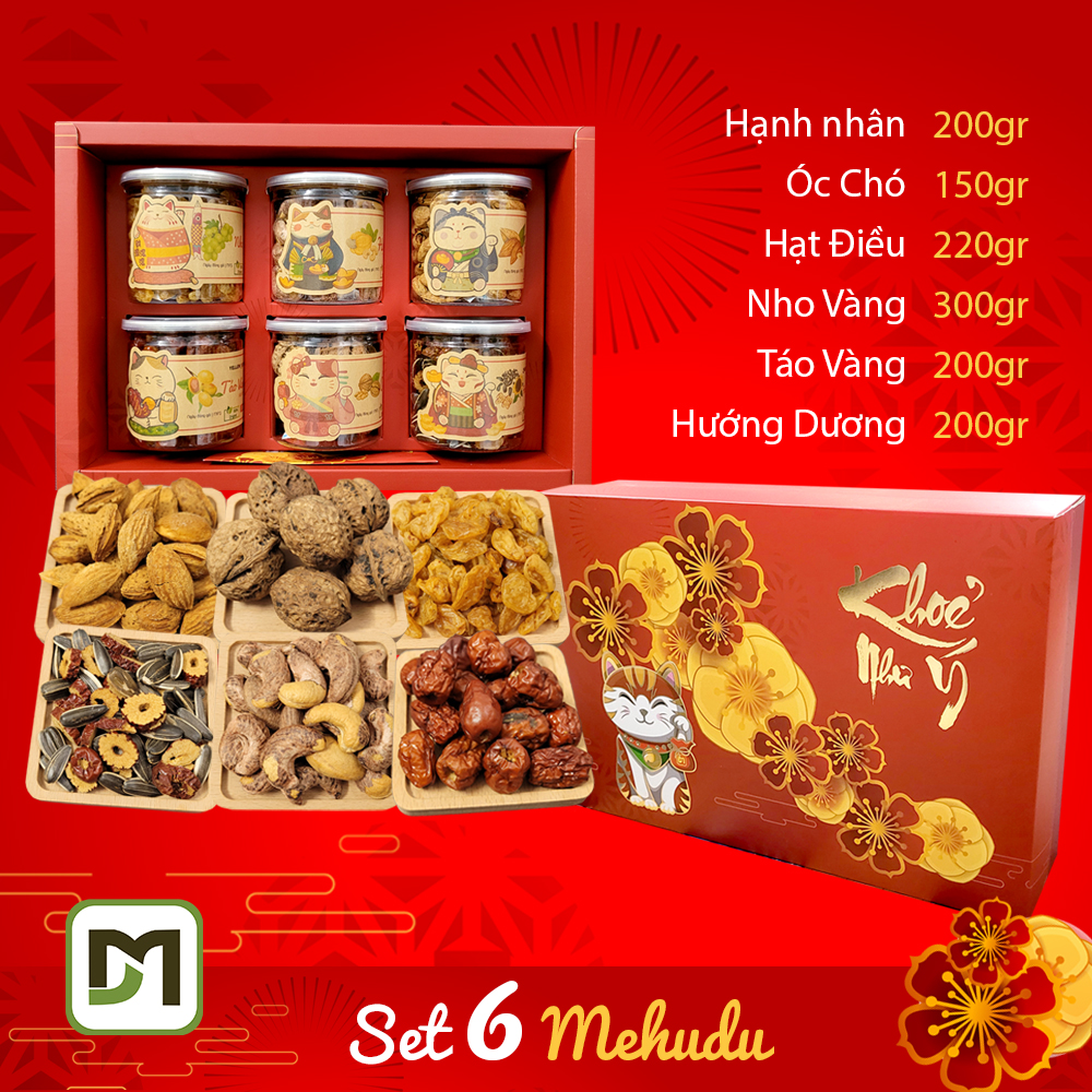 Hộp quà Tết Mèo Thần Tài - Set 6 hạt dinh dưỡng Mehudu táo vàng, nho vàng, hướng dương, óc chó, hạt điều, hạnh nhân