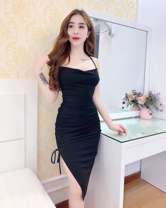 Đầm Body Cổ Đổ Dây Rút Dọc Eo Sang Chảnh