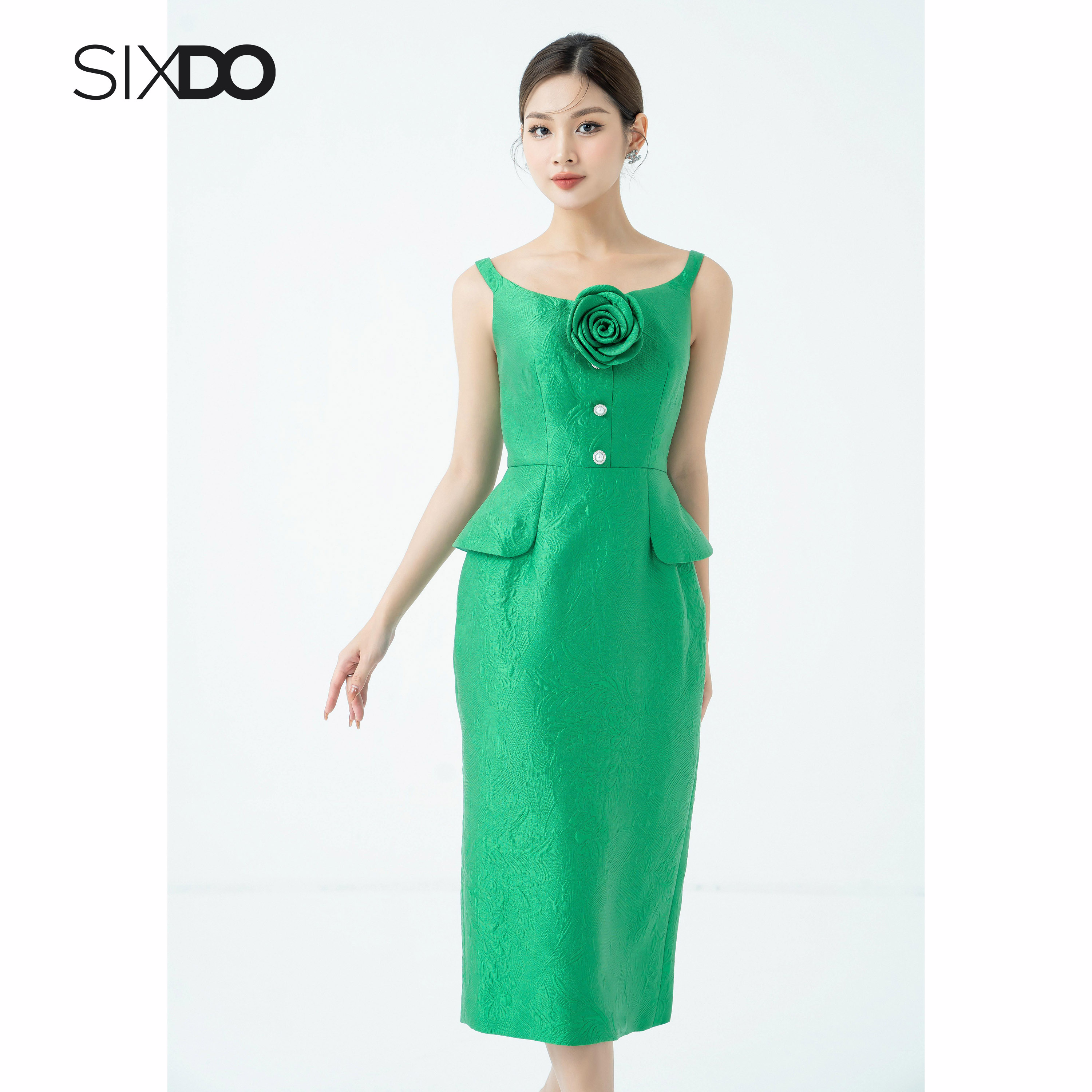 Đầm gấm trễ vai dáng bút chì thời trang SIXDO (Off-shoulder Midi Brocade Dress)