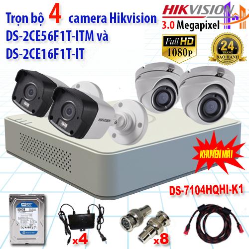 Trọn bộ 4 camrea 3.0mp ds-2ce56f1t-itm + ds-2ce16f1t-it + ds-7104hqhi-k1 - công nghệ hoàng nguyễn