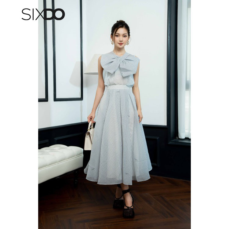 Áo sơ mi sát nách SIXDO (White Check Bowtie Top)