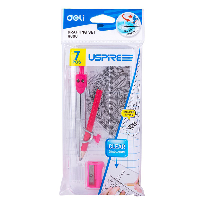 Bộ compa thước Deli 7 loại 15cm chì gỗ H600 (hộp nhựa) (Hồng/Xanh)