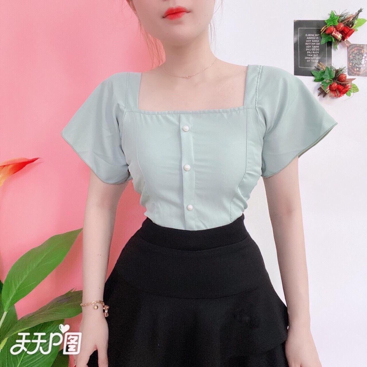 Áo Voan Cổ Vuôn Đính Nút Ngọc Xinh Xắn TT0016 (TTV0041)