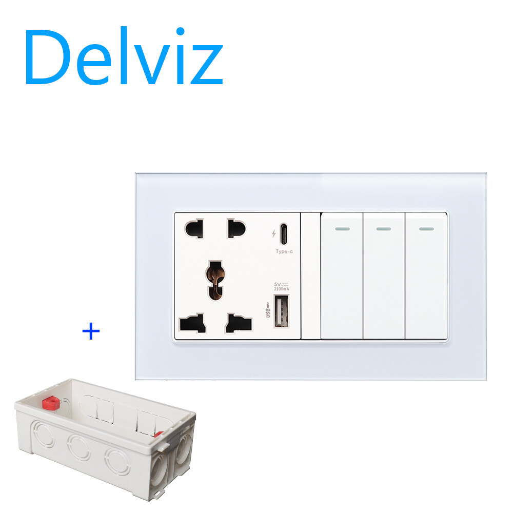 Delviz 3 On 2 Street lamp Switch Socket, Type-C interface socket, 146mm*86mm toughened glass frame socket, (US/US/EU) Wall Power USB C port Quick Charge socket, 18W 3100mA Smart Quick Charge