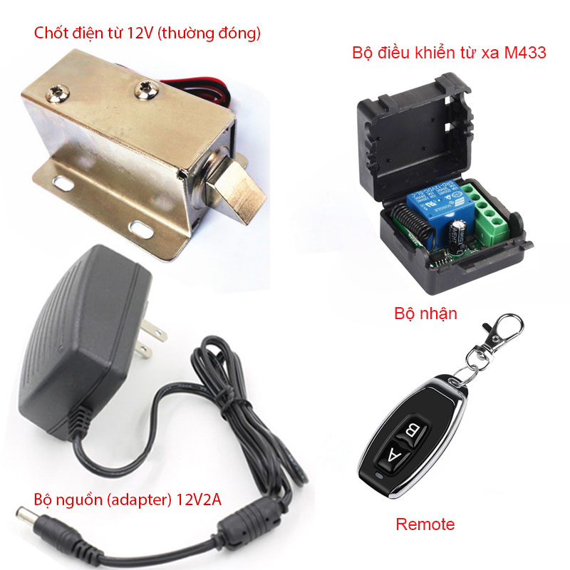 Bộ khóa cửa điện từ thường đóng, bộ điều khiển từ xa 12V và bộ nguồn (adapter) 12V2A