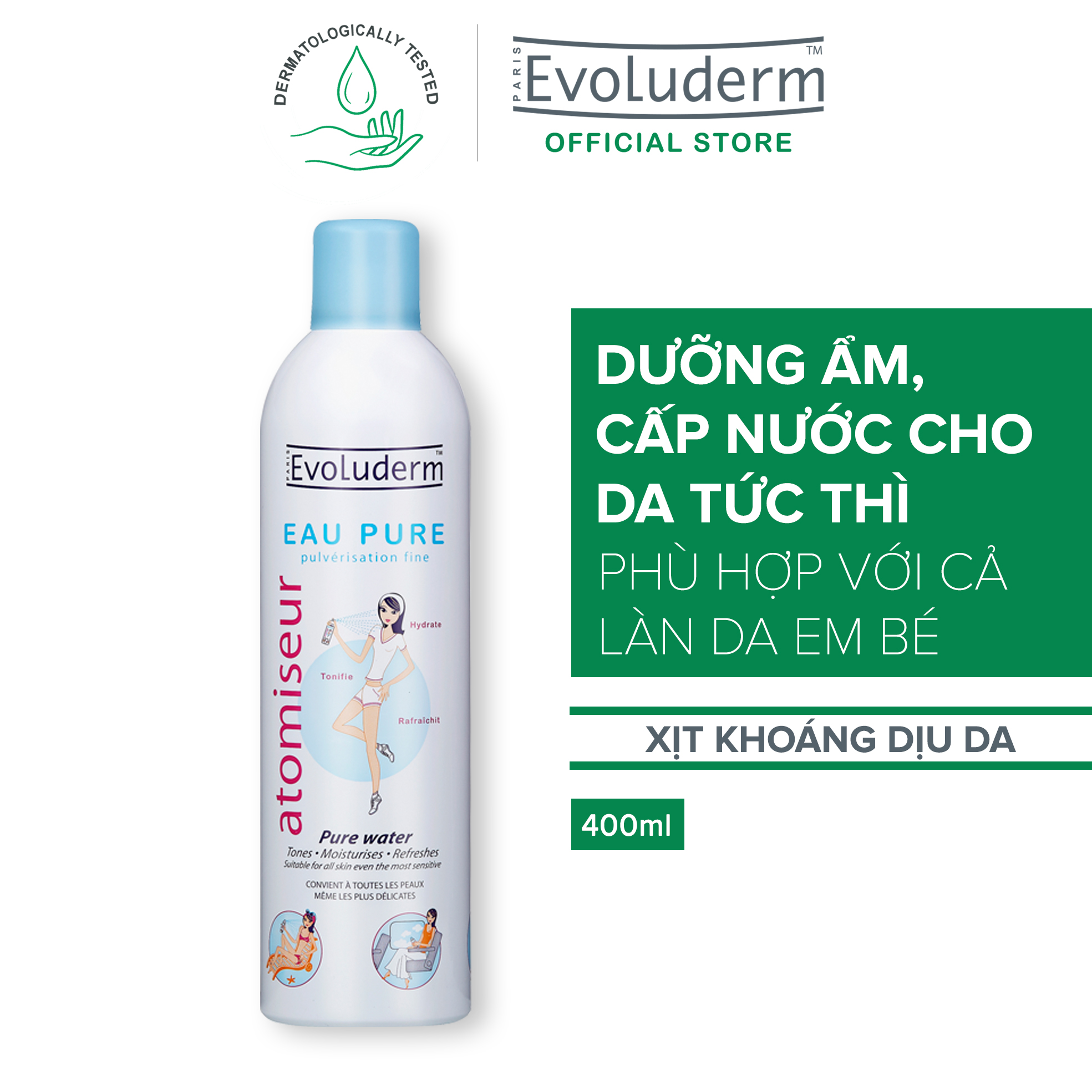 Xịt Khoáng Cấp Ẩm Làm Dịu Da Evoluderm Atomiseur Eau Pure 400ml