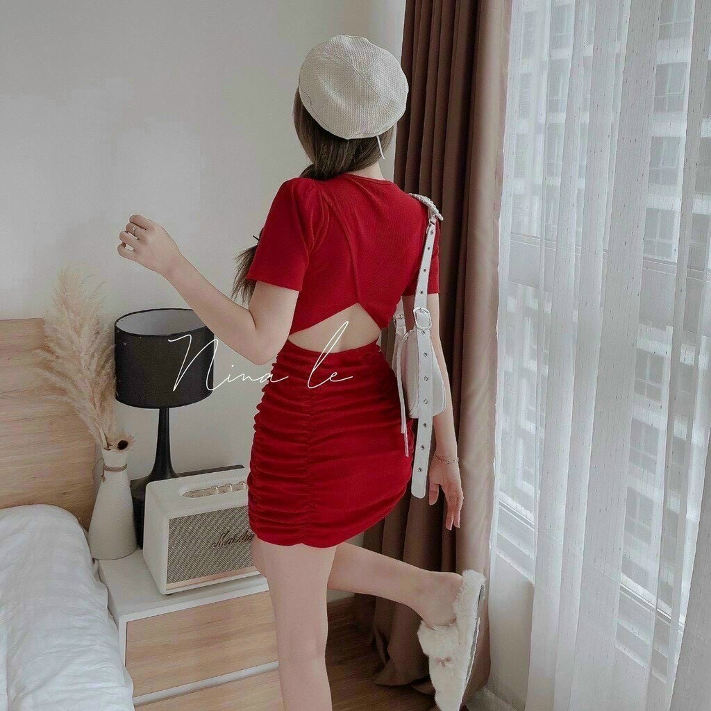 [New Sales 2024] Đầm Body Tay Ngắn Dáng Mini Ôm Chất Thun Co Dãn Mặc Thỏa Mái  2 Màu Đỏ Đen  Có Khoét Lưng Sexy Quyến Rũ