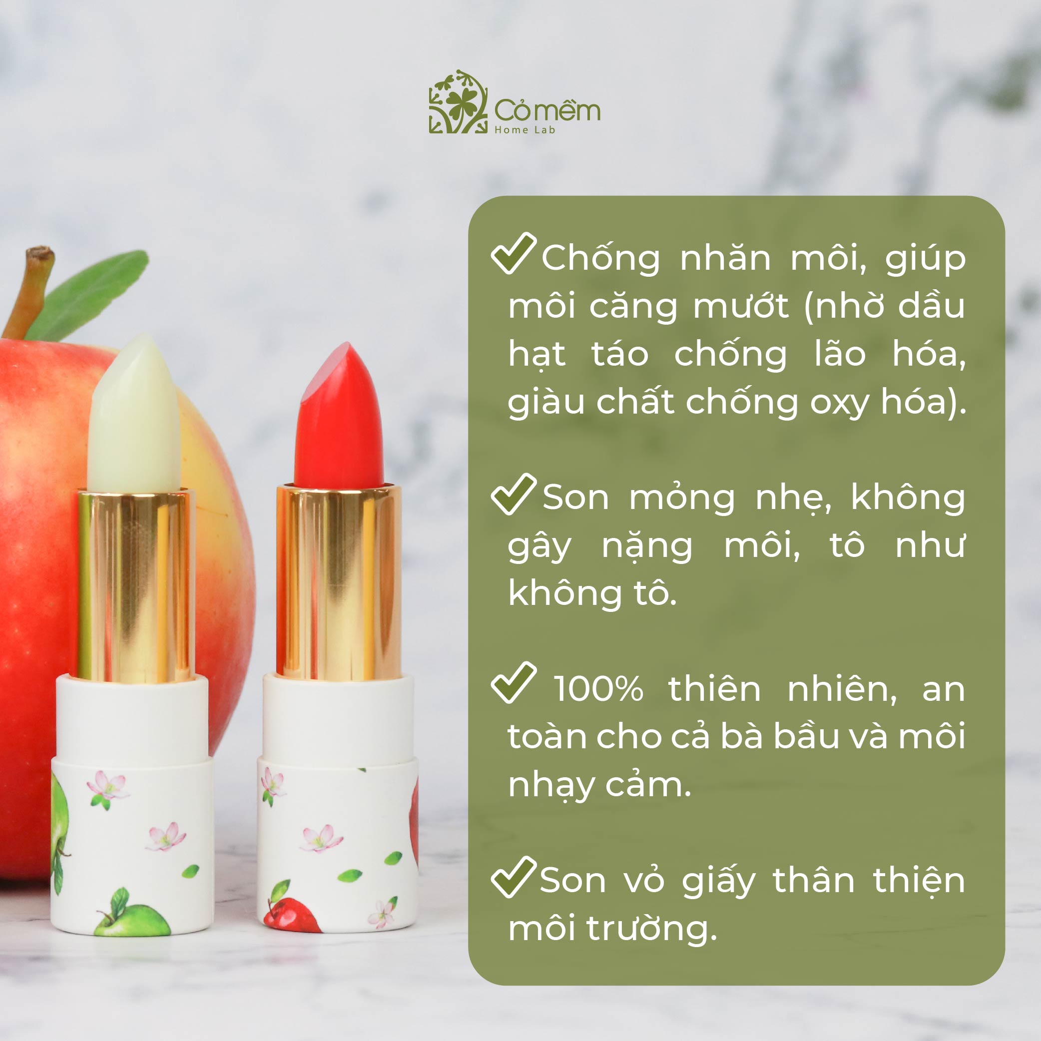 Son Dưỡng Môi - Son Dưỡng Táo Hữu Cơ Cỏ Mềm - Son Dưỡng Thuần Chay Bảo Vệ Môi Trường - Son Dưỡng Thiên Nhiên An Toàn