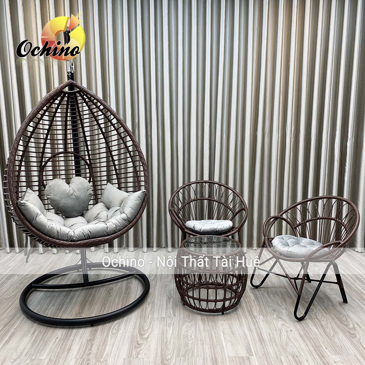 Bộ xích đu nhựa giả mây khung vàng mẫu song mây kèm bộ bàn ghế ban công bền đẹp