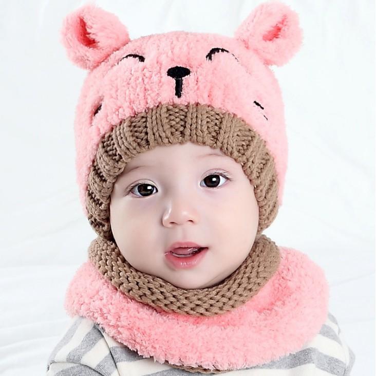 [HCM]Nón Mũ Len Tai Gấu Kèm Khăn Cổ Ấm Cho Bé