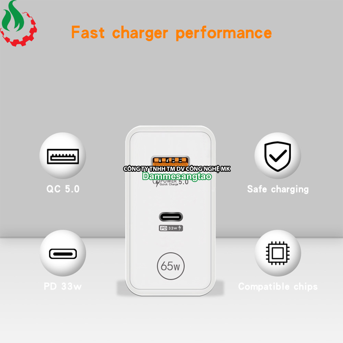 Củ sạc nhanh 65W chuẩn GaN (1 Type-C 33W - 1 USB 18W)