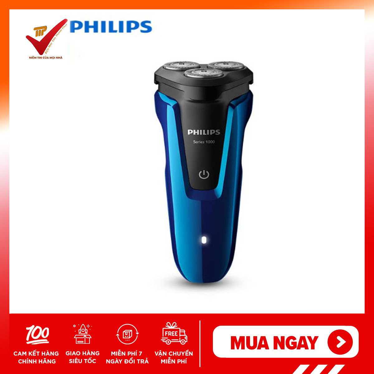 Máy cạo râu Philips S1050 - Bảo hành 24 tháng - 3 đầu cạo ôm sát khuôn mặt, lưỡi tự mài siêu bền