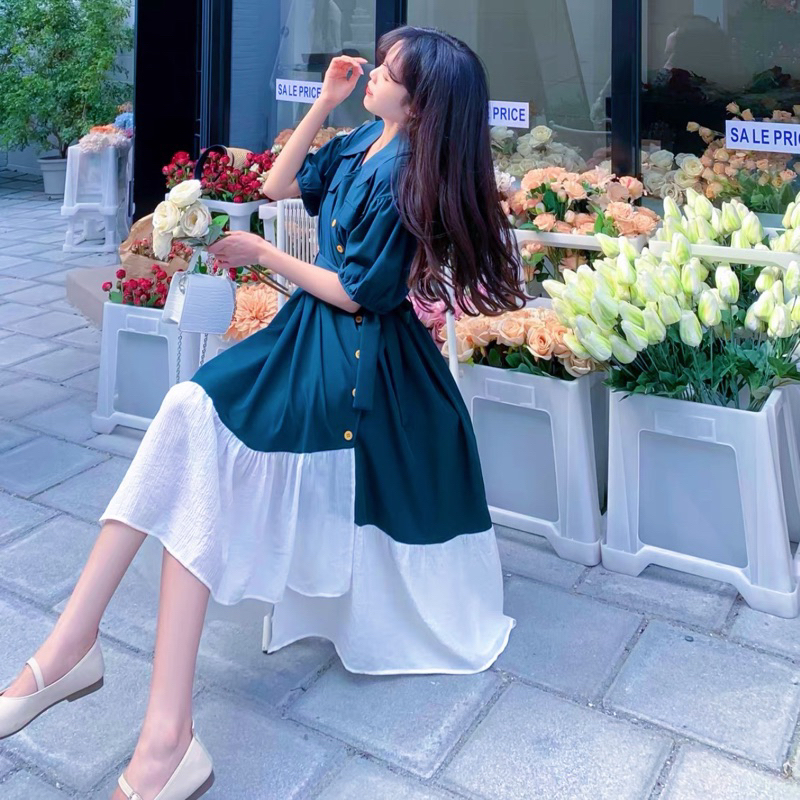 ĐẦM SƠ MI XANH TÚI HỘP, PHỐI TRẮNG (có ảnh thật)  MS168