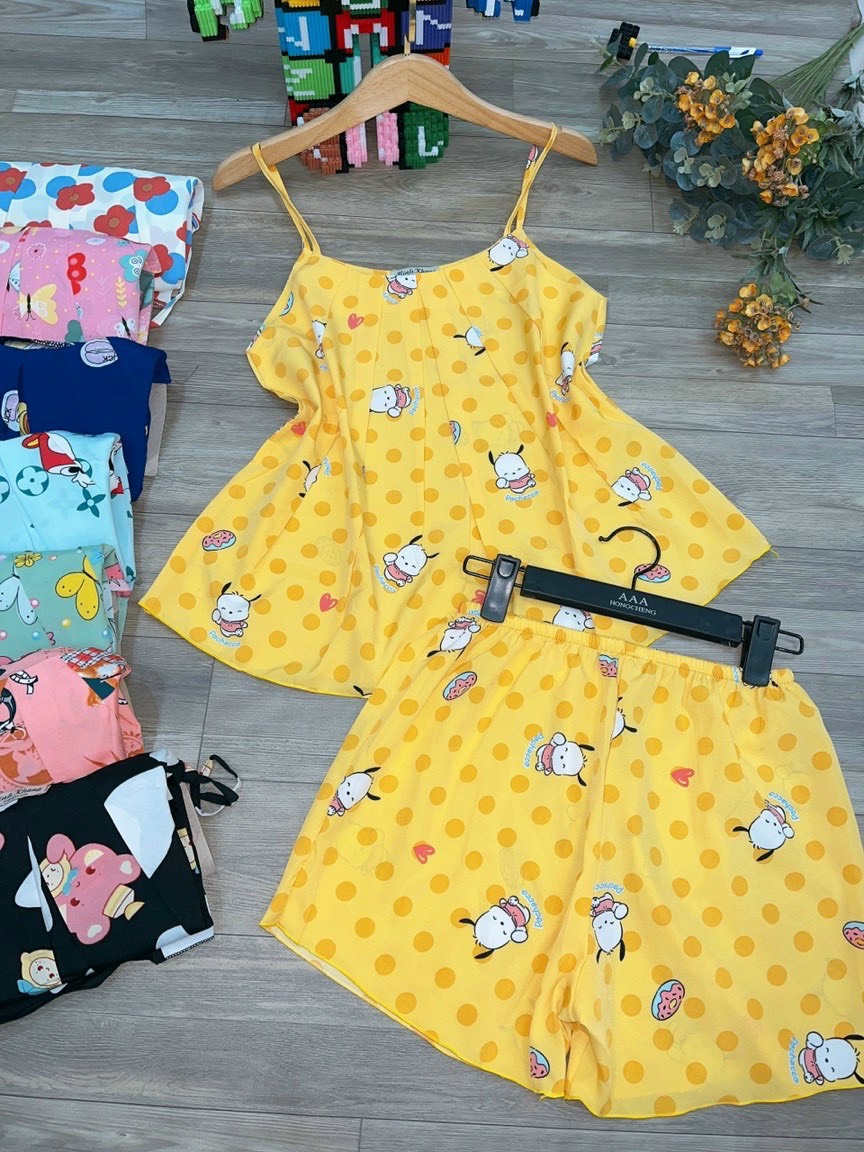 Set đồ bộ áo 2 dây quần đùi lụa hàn freesize dưới 57kg