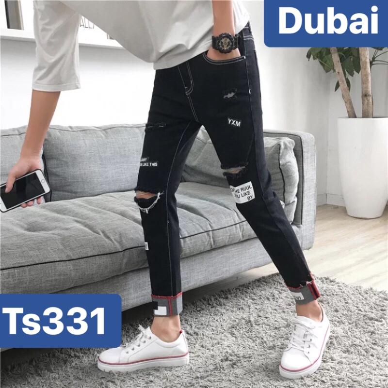 QUẦN JEAN NAM CHẤT BÒ CẠP RÁCH ĐEN IN CHỮ HÀN QUỐC SIÊU SANG BD-331TS CAO CẤP - DUBAI FASHION