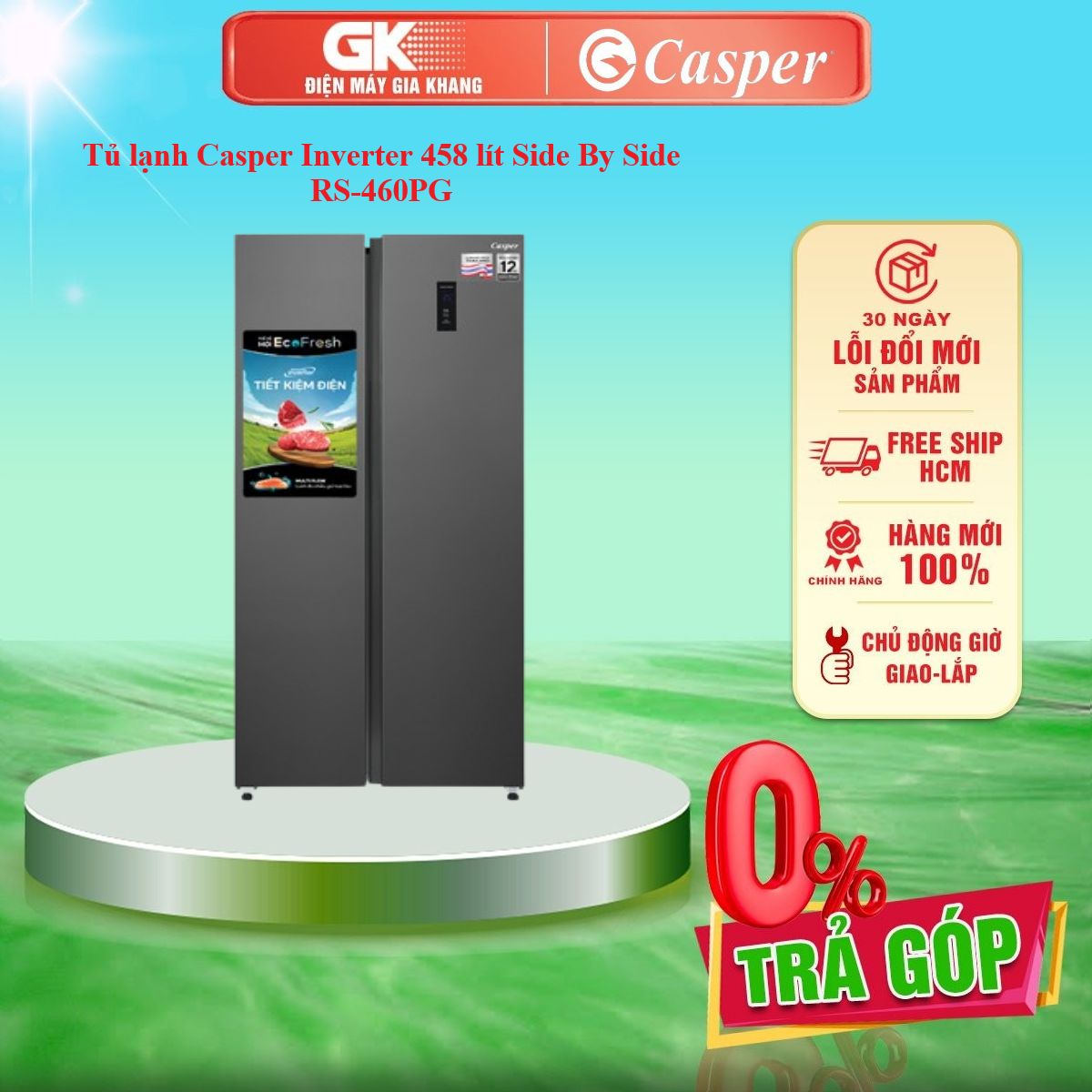 Tủ lạnh casper inverter 458 lít side by side rs-460pg - bảng điều khiển cảm ứng bên ngoài cửa tủ có khóa đèn led chiếu sáng làm lạnh đa chiềutrực tiếp - giao toàn quốc - freeship hcm