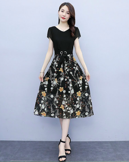 [HCM]ĐẦM XÒE REN PHỐI VOAN CỔ V TAY NGẮN