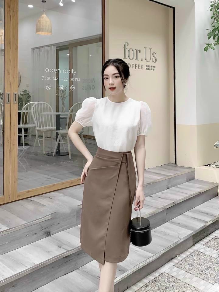 Chân Váy Midi Bút Chì Cạp Cao Vạt Bên 2 Màu