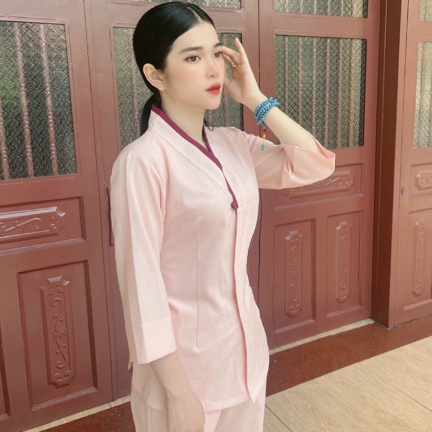 Quần Áo nữ Phật Tử thêu hoa văn, Đồ Lam Phật Đi Chùa Nữ mẫu PN22