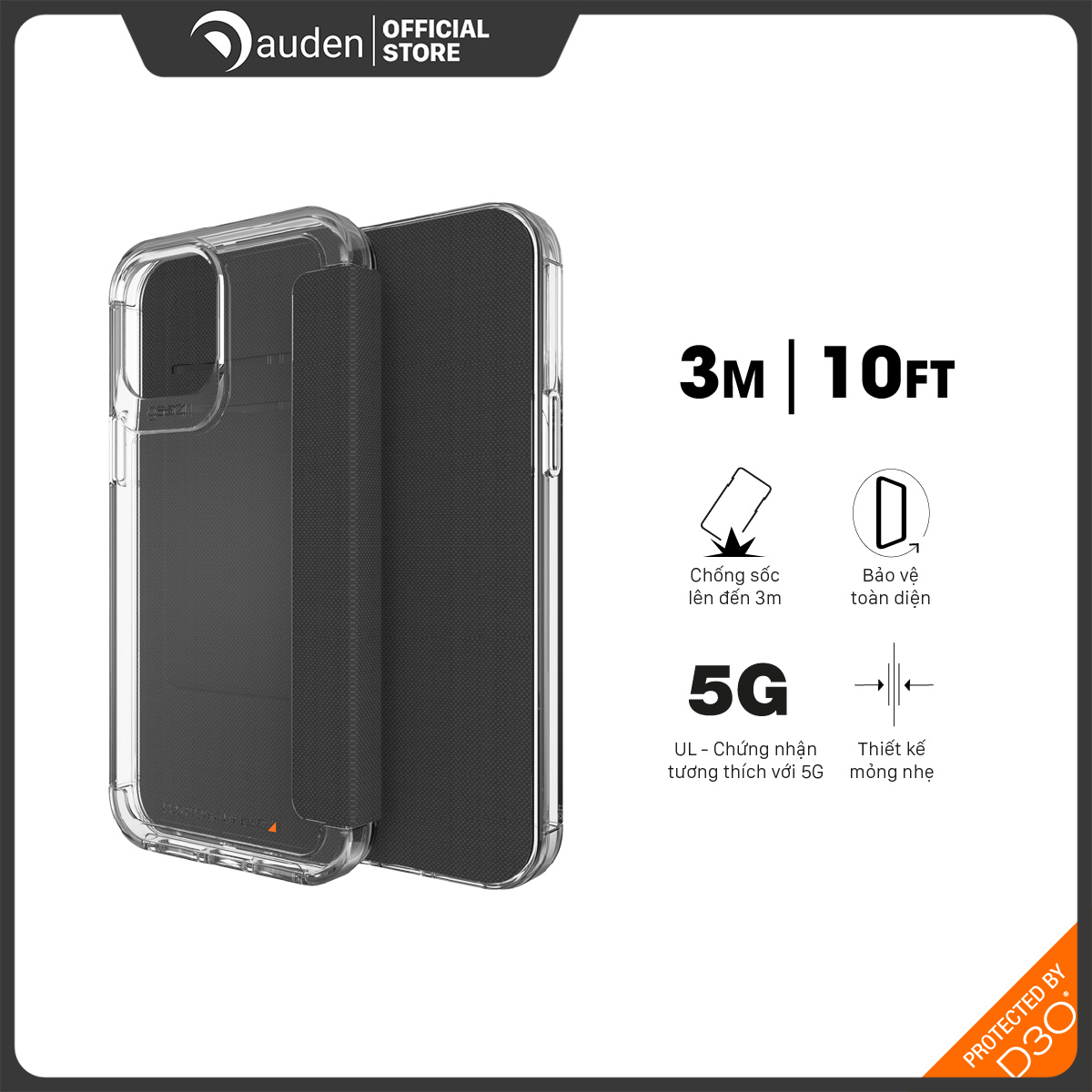 Ốp lưng Gear4 Wembley Flip iPhone - Công nghệ chống sốc độc quyền D3O, kháng khuẩn, tương thích tốt với sóng 5G dành cho iPhone 12 series - Dâu Đen Store