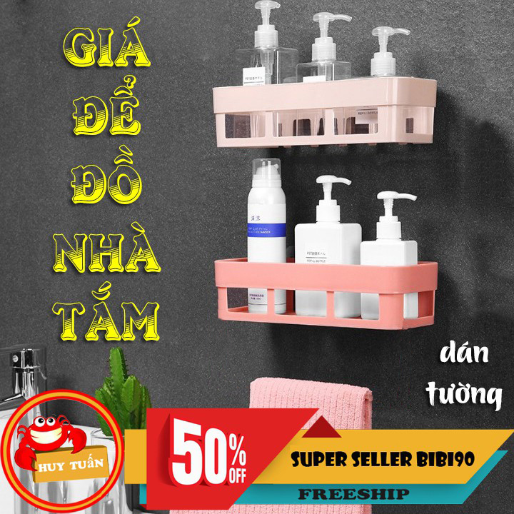 Giá để đồ nhà tắm hình chữ nhật dán tường có giá treo khăn - khay đựng đồ nhà tắm