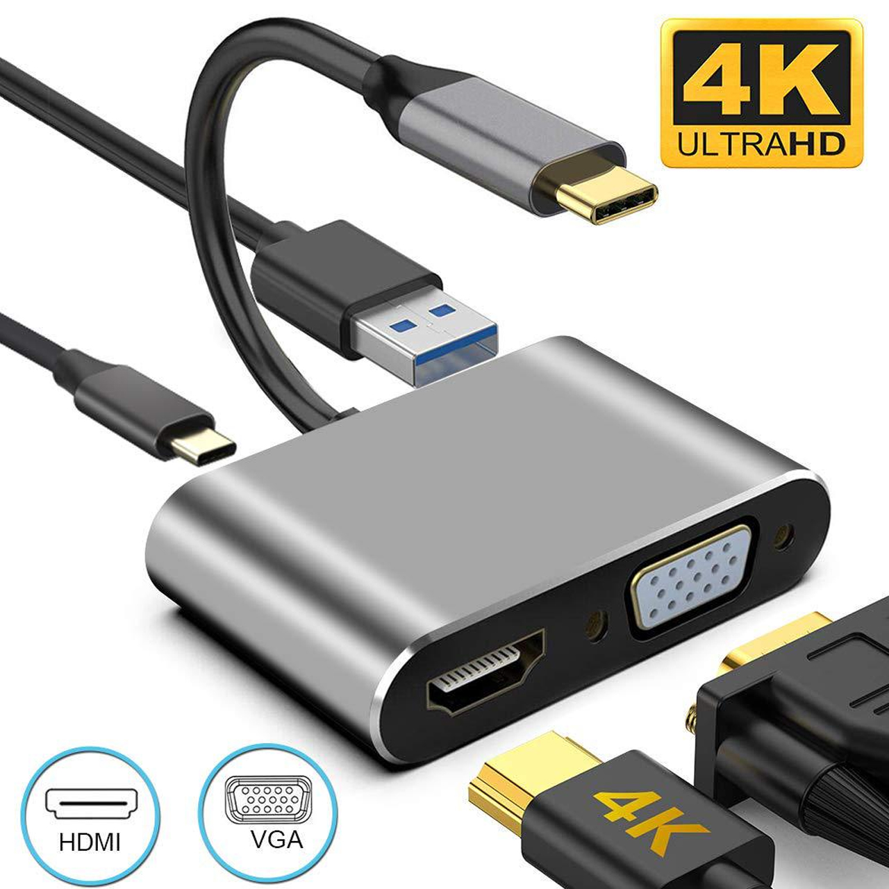 Cáp chuyển đổi từ Type C sang HDMI+VGA+USB3.0 cho macbook laptop điện thoại chất lượng 4K Type-C to HDMI kết nối ti vi máy chiếu Usb Type-C To USB-C 4K HDMI, VGA USB 3.0, 3 trong 1, hỗ trợ SS MHL