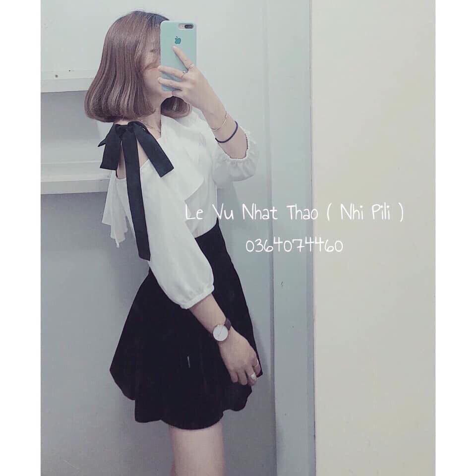 Áo sơ mi trắng lệch vai cực xinh( ảnh thật)