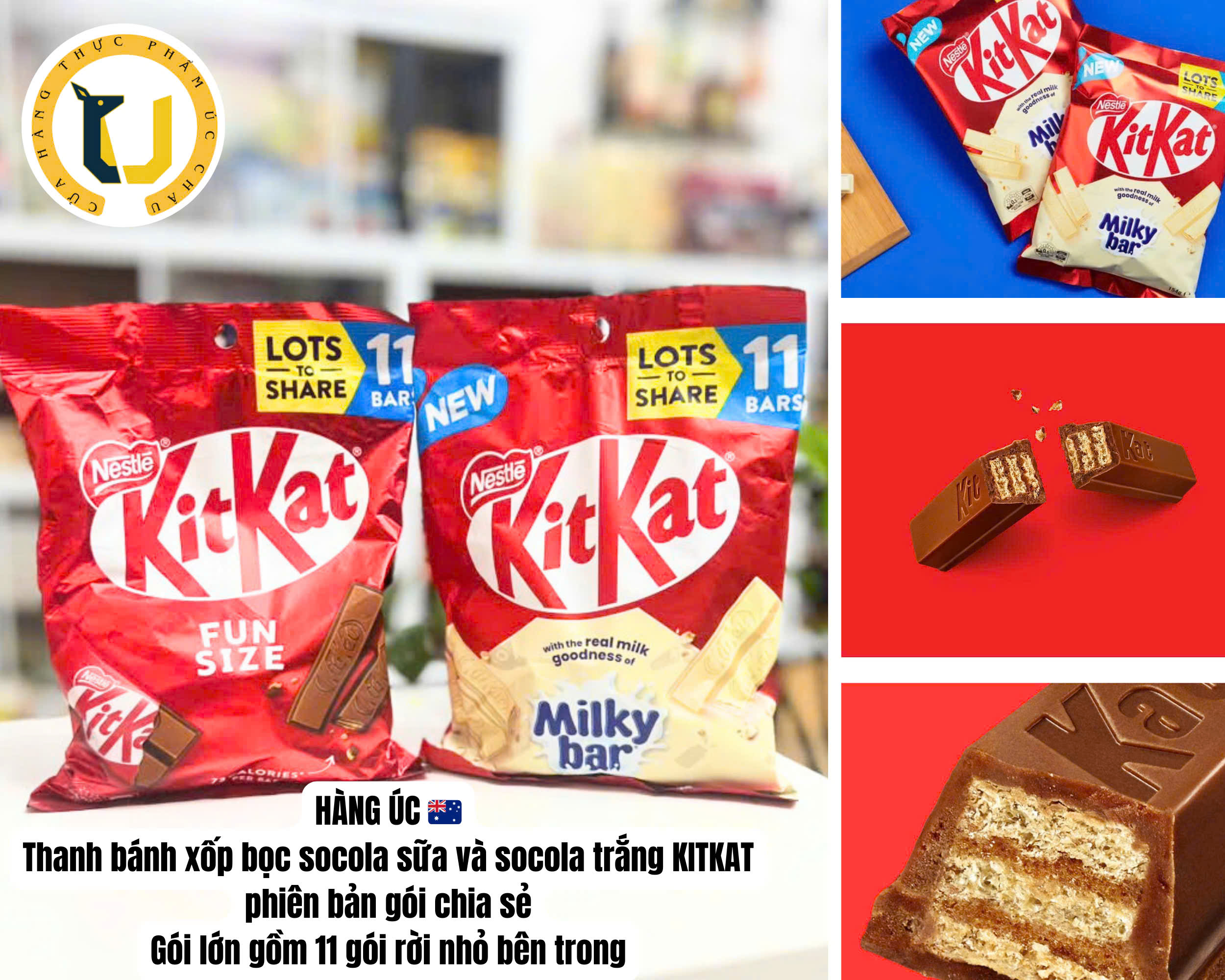 (Australian Product) Milk Chocolate with Sponge Cake Filling in Many Flavors, Mini Version Nestle Kitkat Mini Milk Chocolate, Pack Size 11 Individual Bars