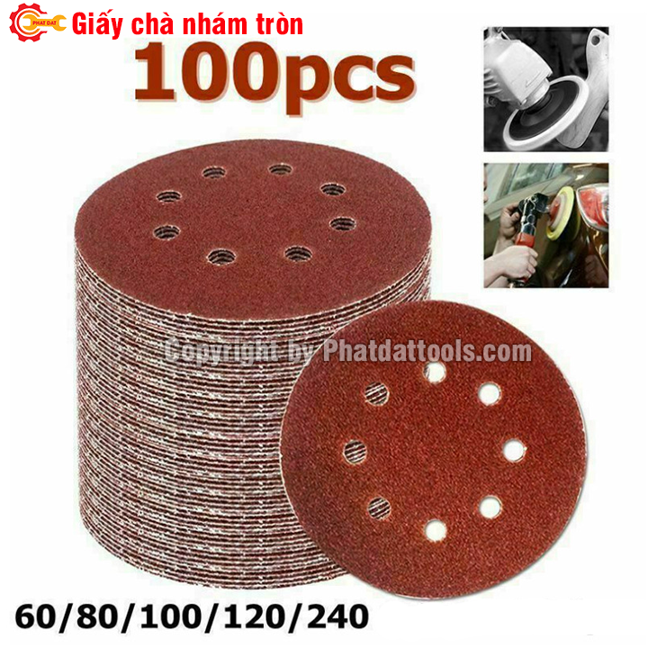 Hộp 100 tờ giấy chà nhám tròn đường kính 125-180-230 tùy chọn-độ nhám từ p40 đến p240-hàng chất lượng.