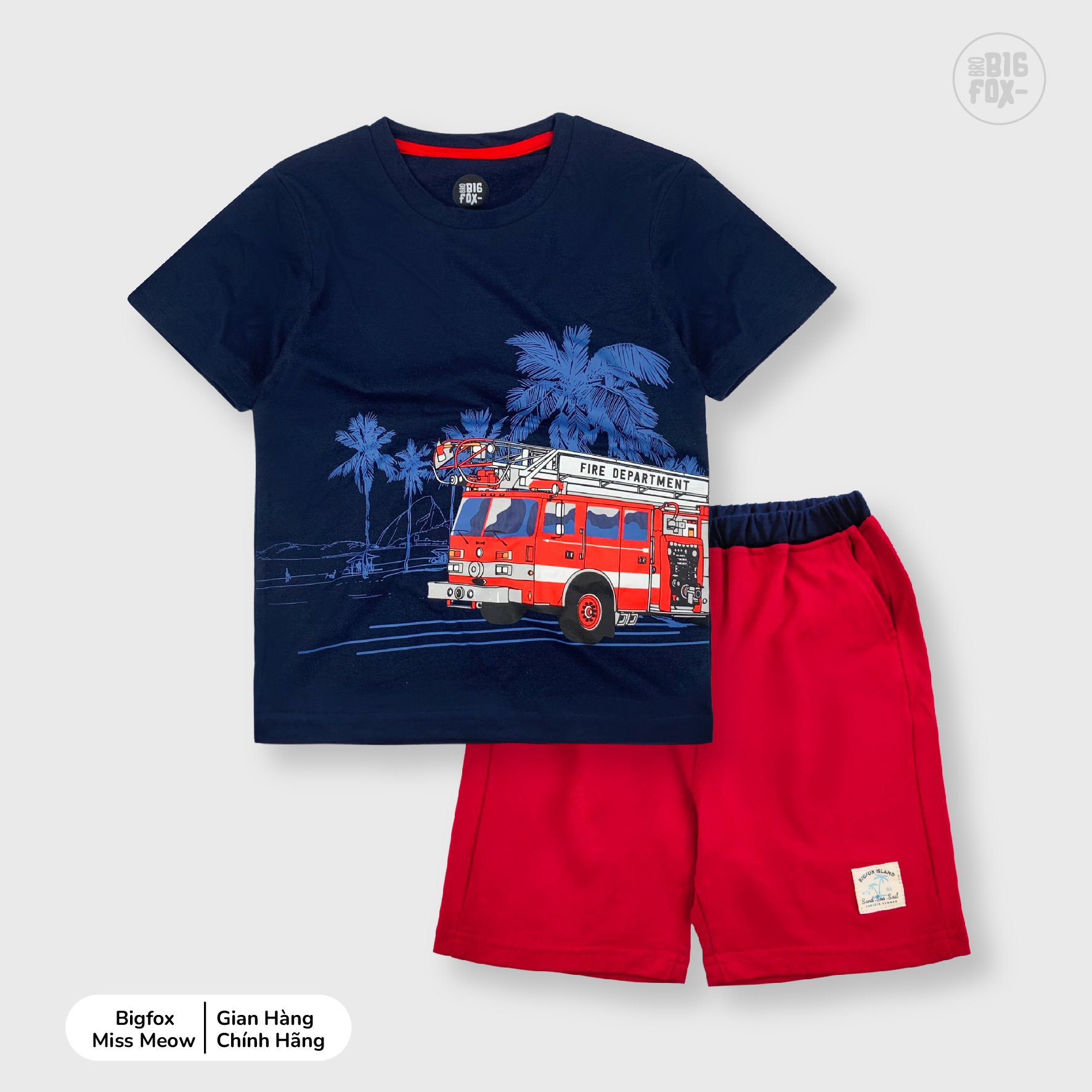 Bộ bé trai cộc tay size đại BIGFOX - MISS MEOW chất liệu cotton mềm mịn họa tiết xe cứu hỏa size trẻ em 3,4,5,6,7,8,9,10,11 tuổi 12-40kg