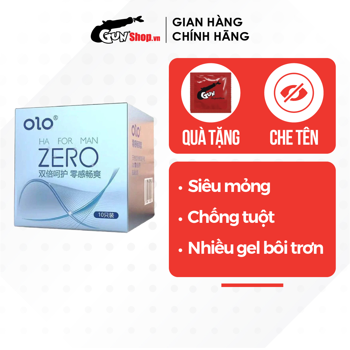 Bao cao su OLO 0.01 Zero Ha For Man siêu mỏng, nhiều gel bôi trơn - Hộp 10 cái | GUNSHOP VIỆT NAM