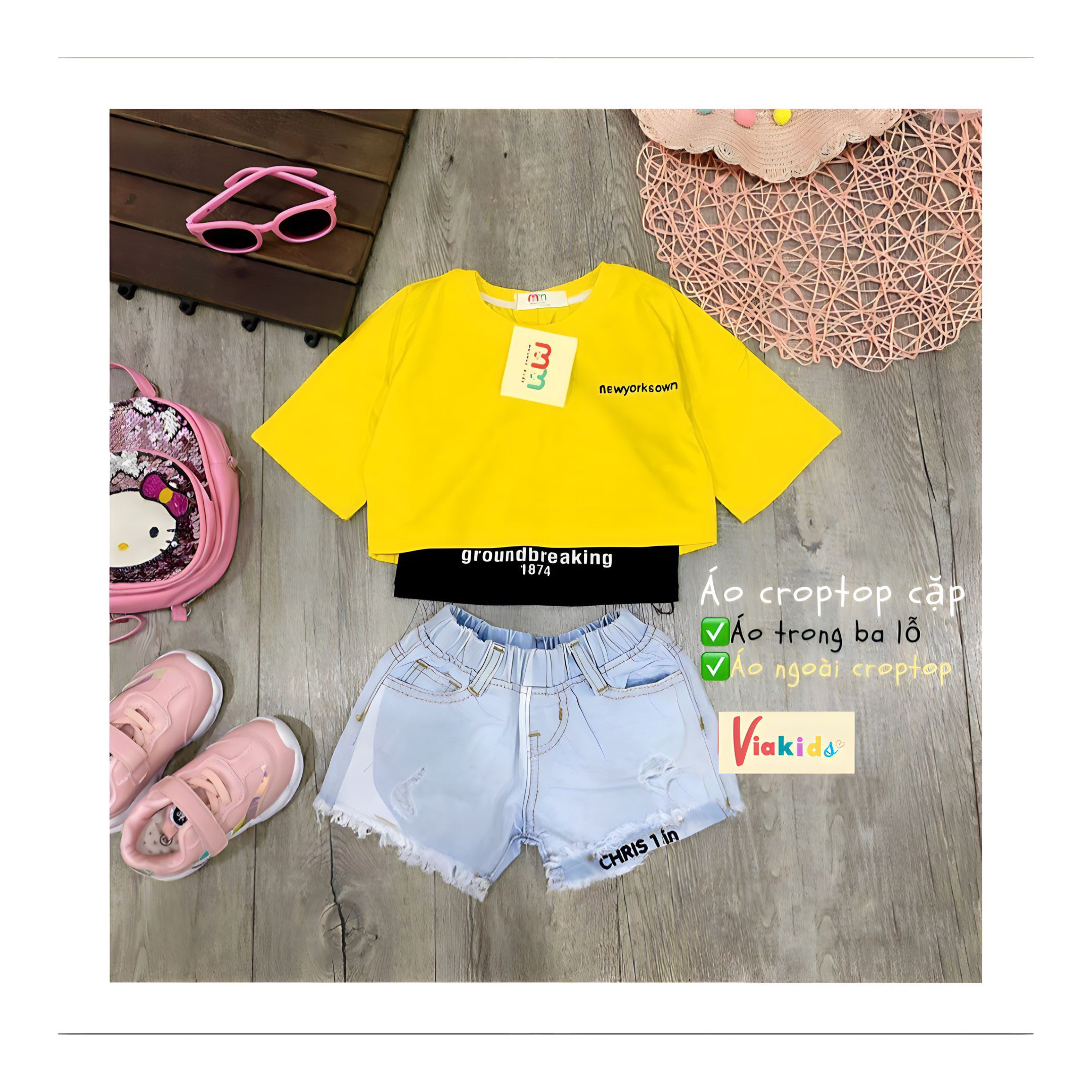 Áo croptop bé gái 2 chi tiết cá tính áo ngoài rộng áo trong thun 3 lỗ cho bé 6 tuổi đến 12 tuổi